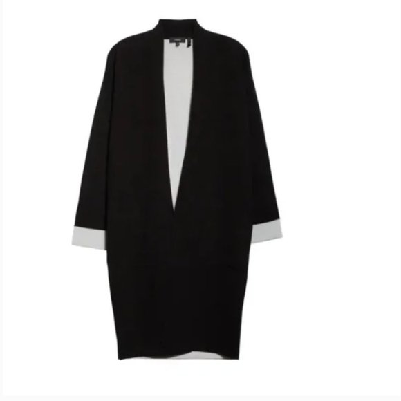THEORY Open Front Double Face Wool Blend Long Cardigan In Black (Size P) - Picture 2 of 7